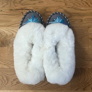 Polish Sheepskin Grey and White Moccasin Slippers with Blue Embroidery